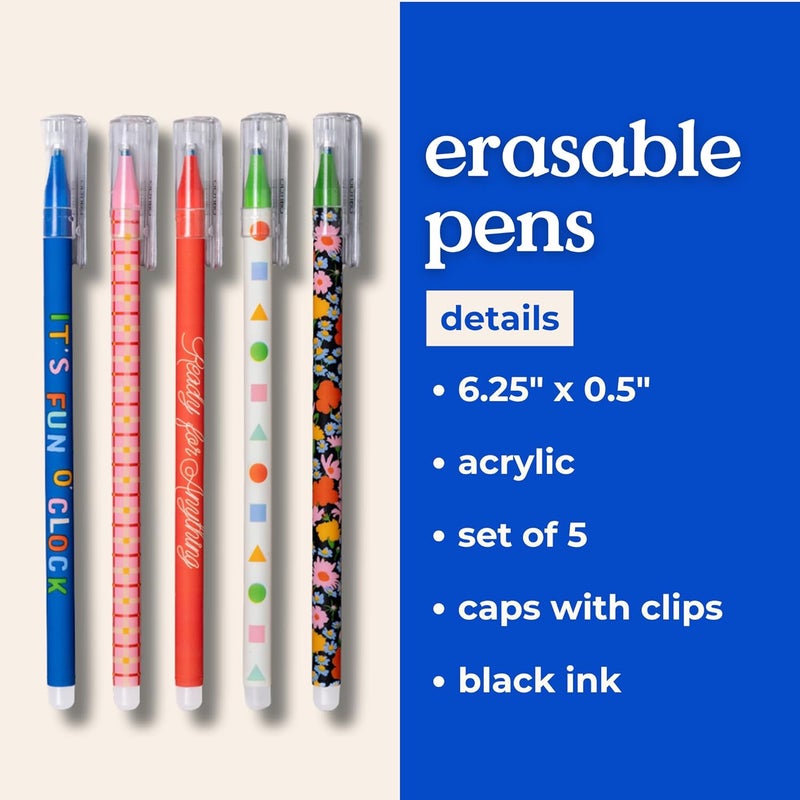 Bando Erasable Pens with Caps and Clips, Cute Black Ink Pen with Eraser for Journaling/Work, Set of 5 Eraser Pens, Assorted - Image 3